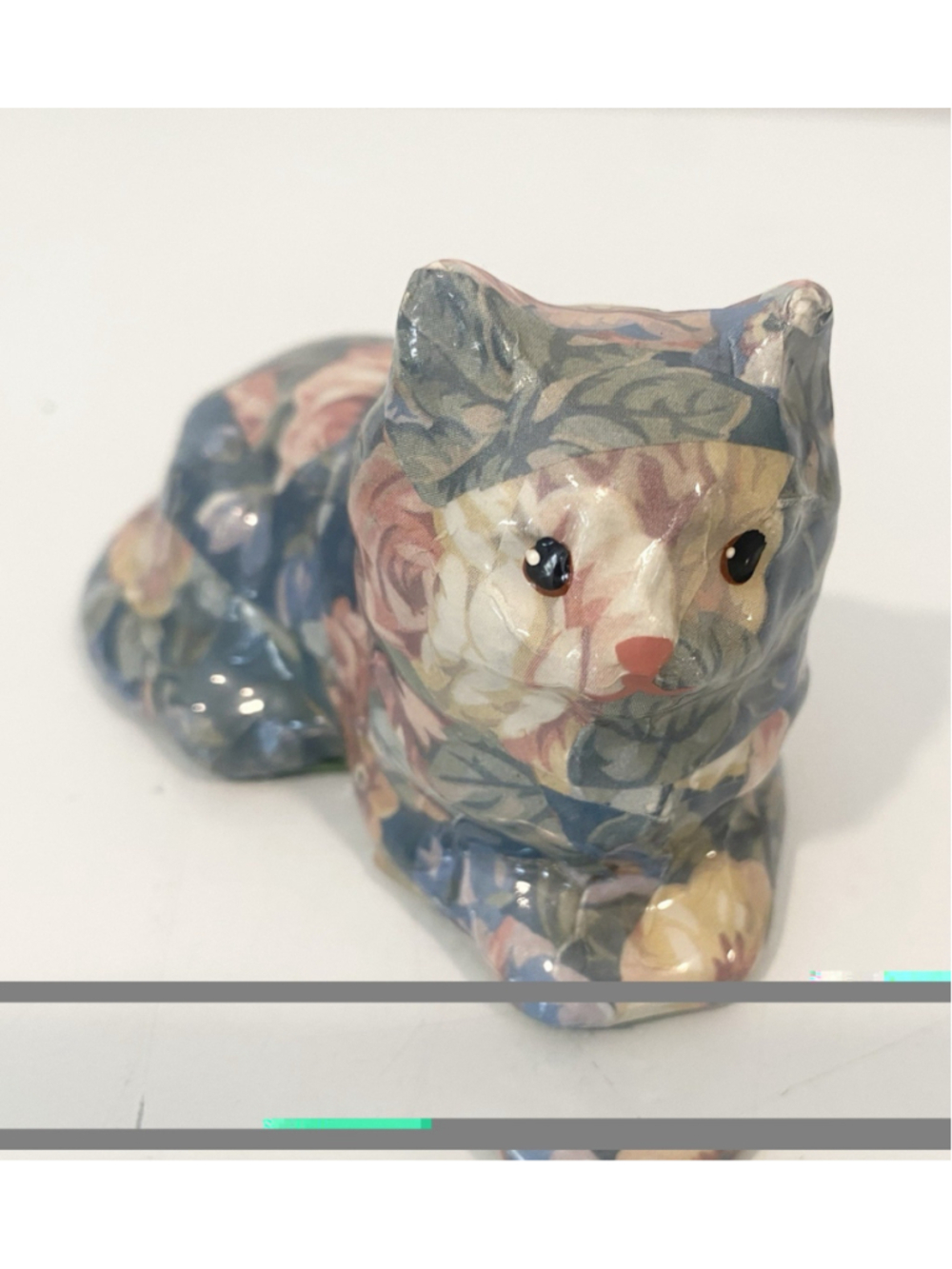 Floral Decoupage Ceramic Cat Figurine Glossy Patchwork Decor 4” Felt Bottom